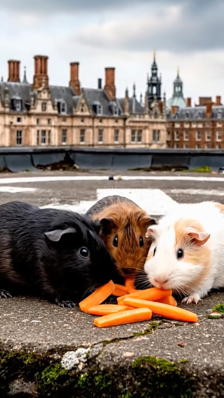 1687. Photorealistic image of 3 smooth-haired Rex guinea pigs featuring black, brown, and cream coats, sharing carrot sticks, on a helipad flat roof.