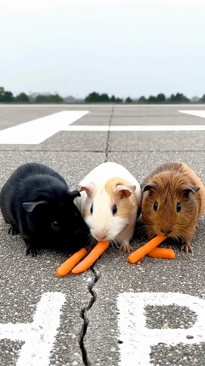 1687. Photorealistic image of 3 smooth-haired Rex guinea pigs featuring black, brown, and cream coats, sharing carrot sticks, on a helipad flat roof.