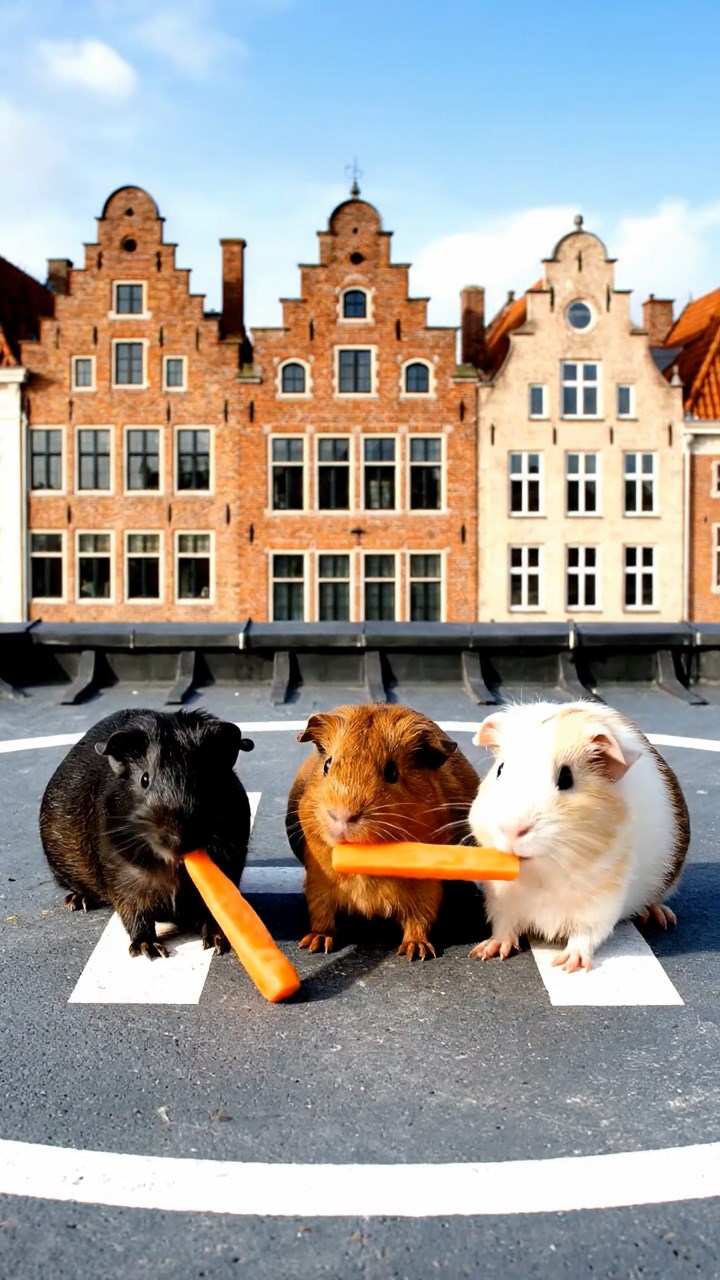1687. Photorealistic image of 3 smooth-haired Rex guinea pigs featuring black, brown, and cream coats, sharing carrot sticks, on a helipad flat roof.