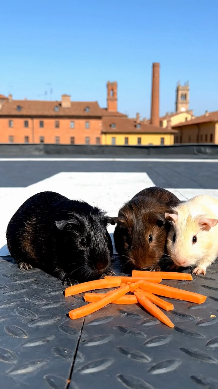 1687. Photorealistic image of 3 smooth-haired Rex guinea pigs featuring black, brown, and cream coats, sharing carrot sticks, on a helipad flat roof.
