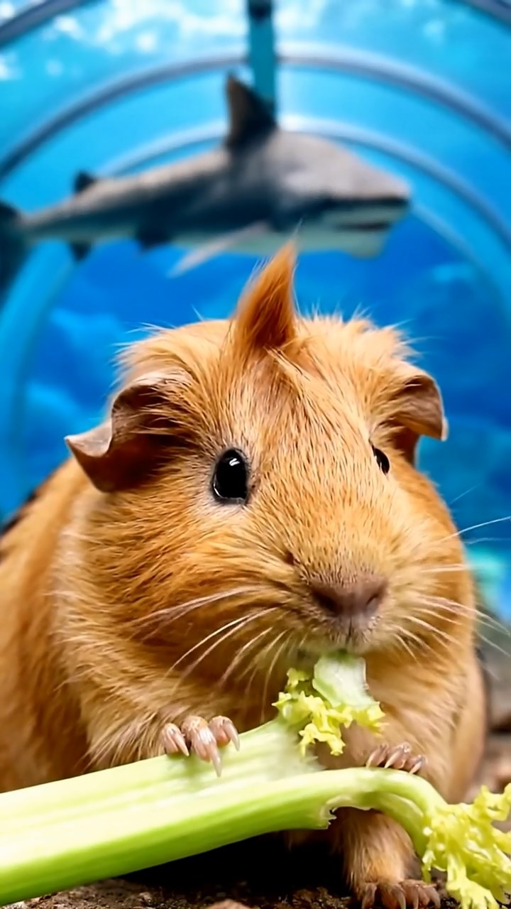 1688. Realistic depiction of 1 smooth-haired Coronet guinea pig with fawn fur, munching on celery ribs, in a curved shark exhibit tunnel.