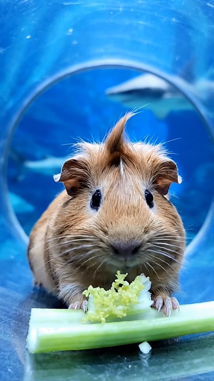 1688. Realistic depiction of 1 smooth-haired Coronet guinea pig with fawn fur, munching on celery ribs, in a curved shark exhibit tunnel.