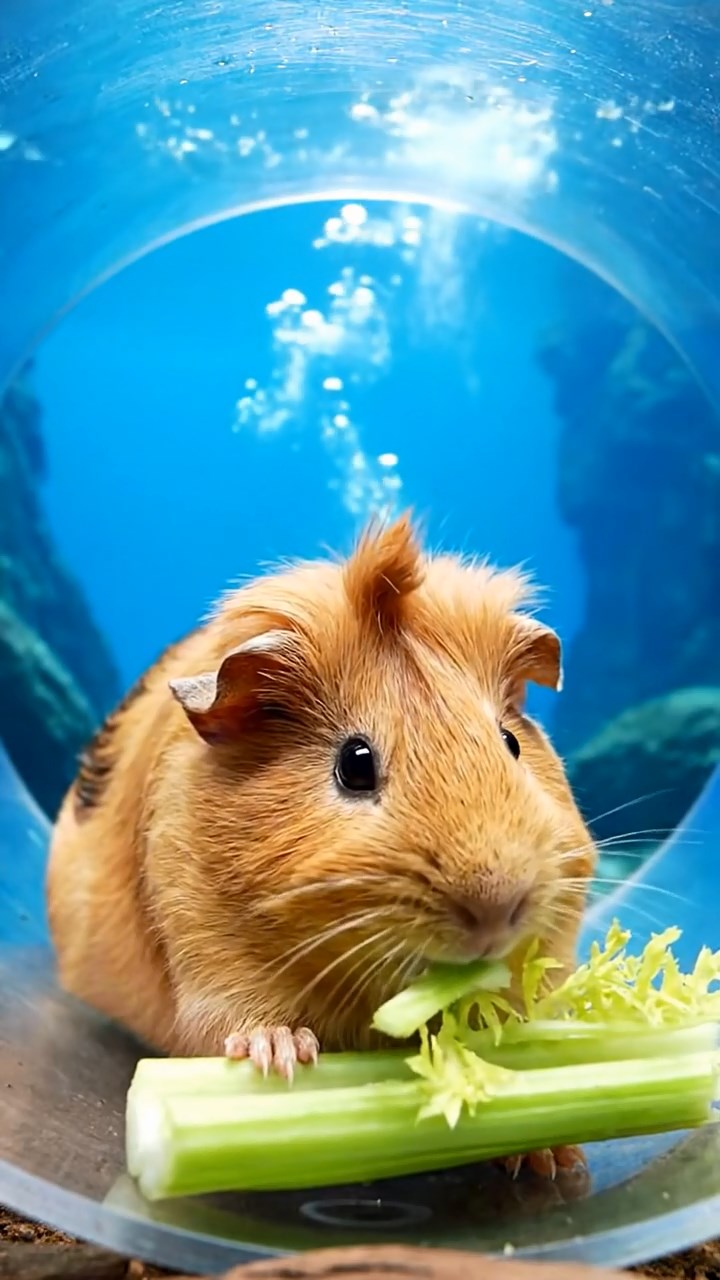 1688. Realistic depiction of 1 smooth-haired Coronet guinea pig with fawn fur, munching on celery ribs, in a curved shark exhibit tunnel.