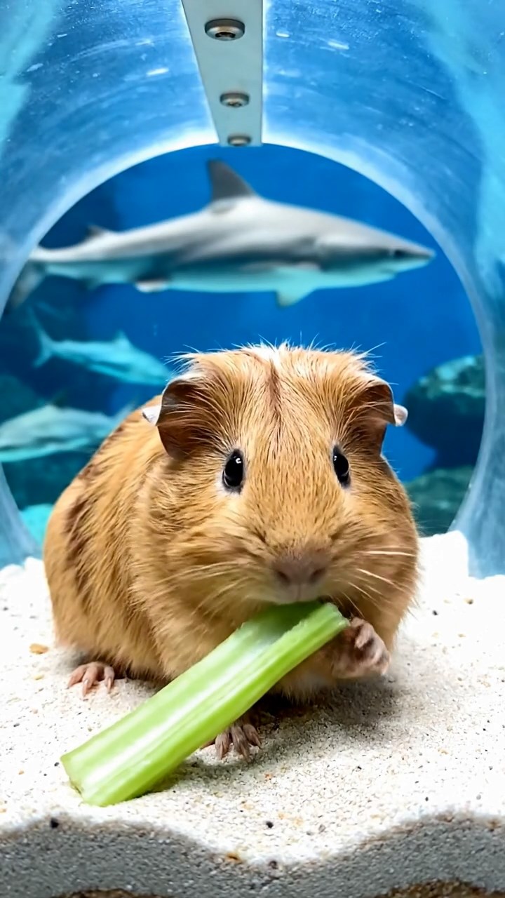 1688. Realistic depiction of 1 smooth-haired Coronet guinea pig with fawn fur, munching on celery ribs, in a curved shark exhibit tunnel.