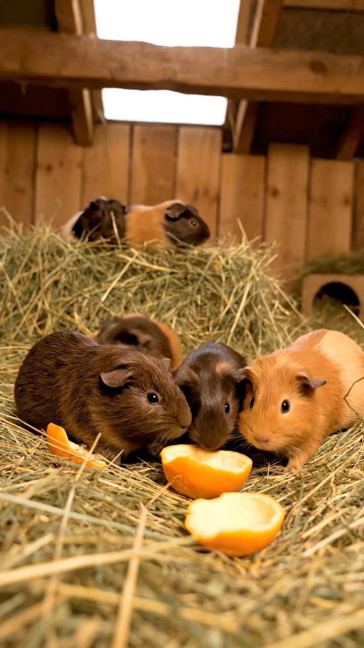 1689. Detailed scene of 5 smooth-haired White Crested guinea pigs with chocolate, cinnamon, and sable fur, eating orange peels, in a hay-filled loft with beams.