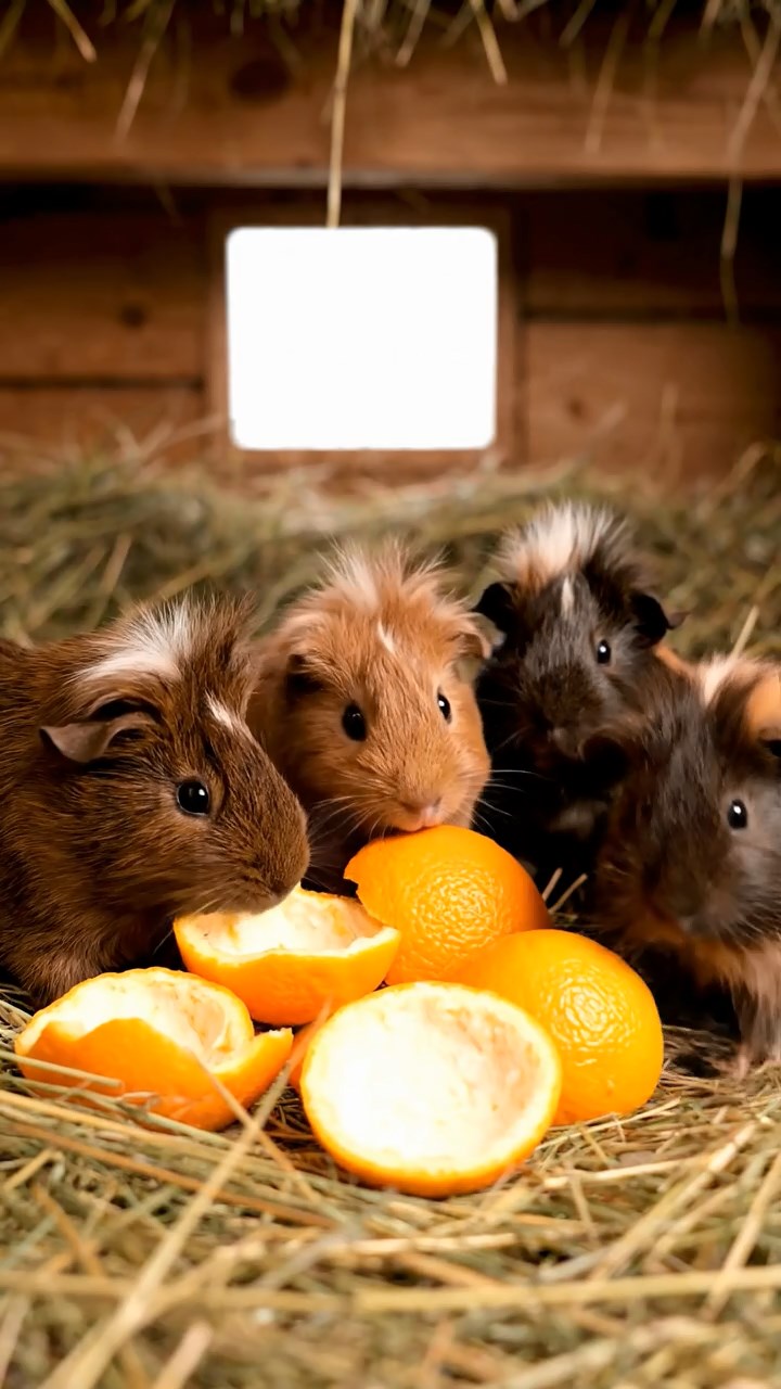 1689. Detailed scene of 5 smooth-haired White Crested guinea pigs with chocolate, cinnamon, and sable fur, eating orange peels, in a hay-filled loft with beams.