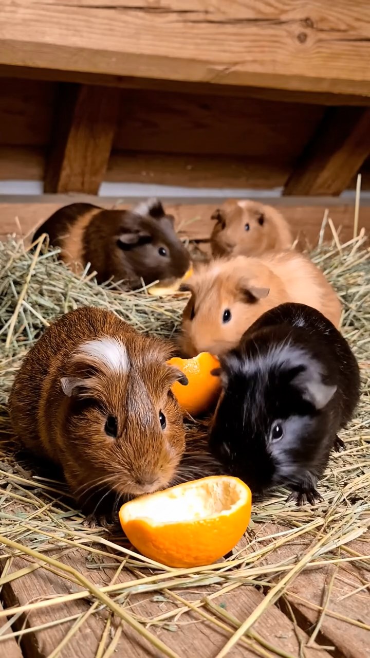 1689. Detailed scene of 5 smooth-haired White Crested guinea pigs with chocolate, cinnamon, and sable fur, eating orange peels, in a hay-filled loft with beams.