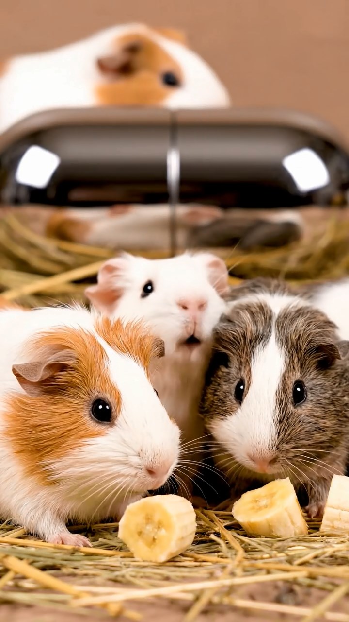 1690. Photorealistic photo of 4 smooth-haired Skinny guinea pigs in white, orange, and gray colors, nibbling on banana chunks, near a capsule display mockup.