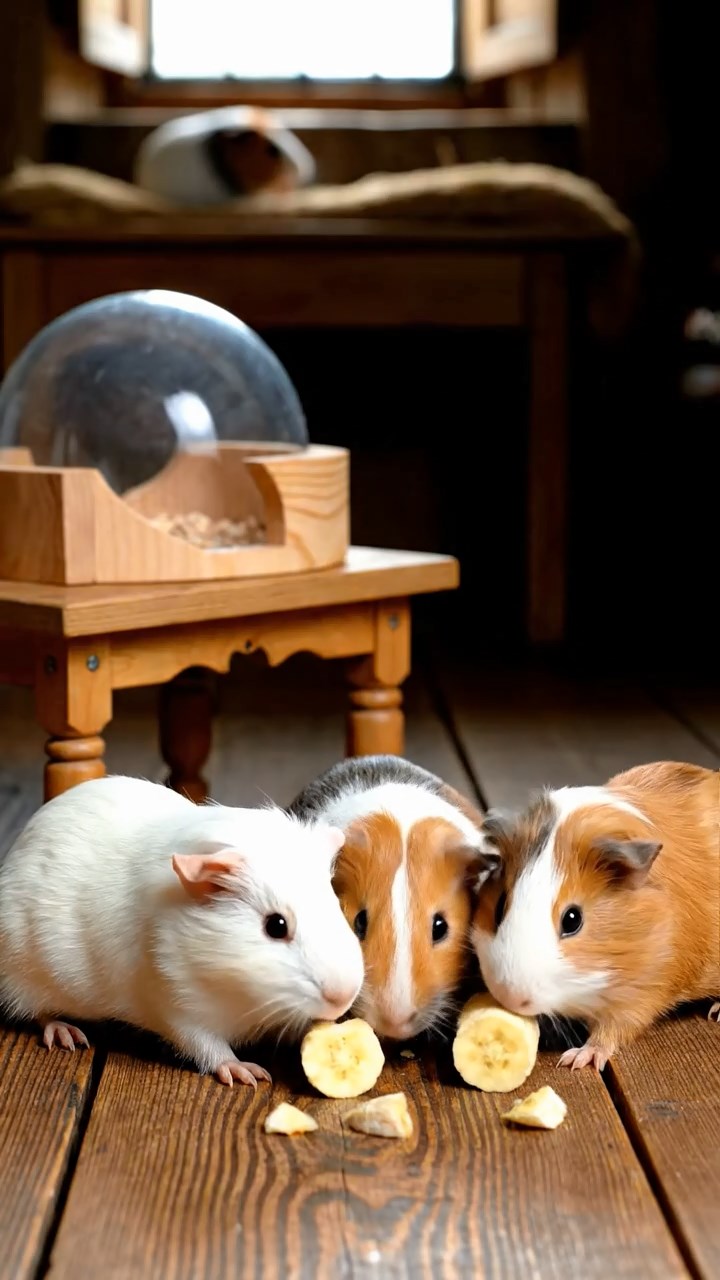 1690. Photorealistic photo of 4 smooth-haired Skinny guinea pigs in white, orange, and gray colors, nibbling on banana chunks, near a capsule display mockup.