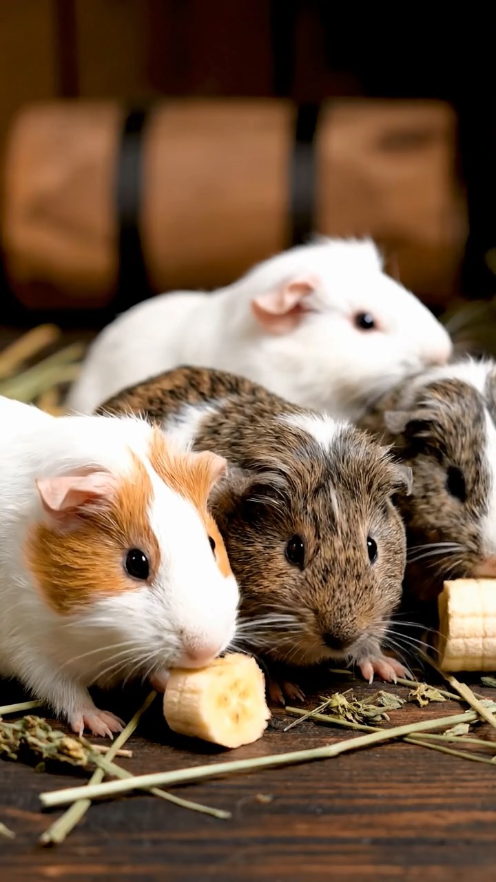 1690. Photorealistic photo of 4 smooth-haired Skinny guinea pigs in white, orange, and gray colors, nibbling on banana chunks, near a capsule display mockup.