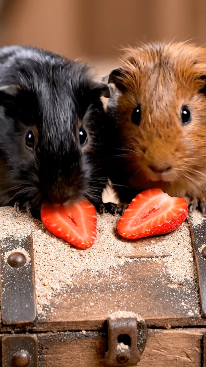 1691. Realistic image of 2 smooth-haired American guinea pigs with black and brown fur, chewing on strawberry slices, atop a sandy buried coffer.