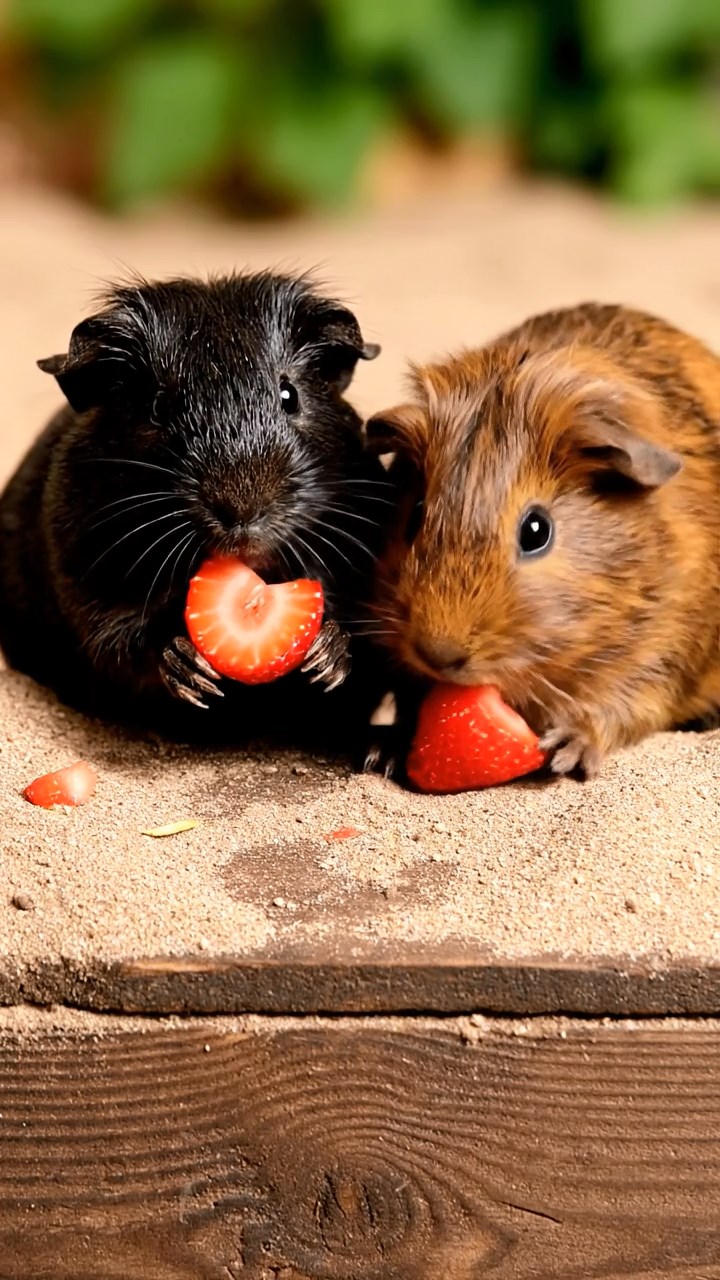 1691. Realistic image of 2 smooth-haired American guinea pigs with black and brown fur, chewing on strawberry slices, atop a sandy buried coffer.