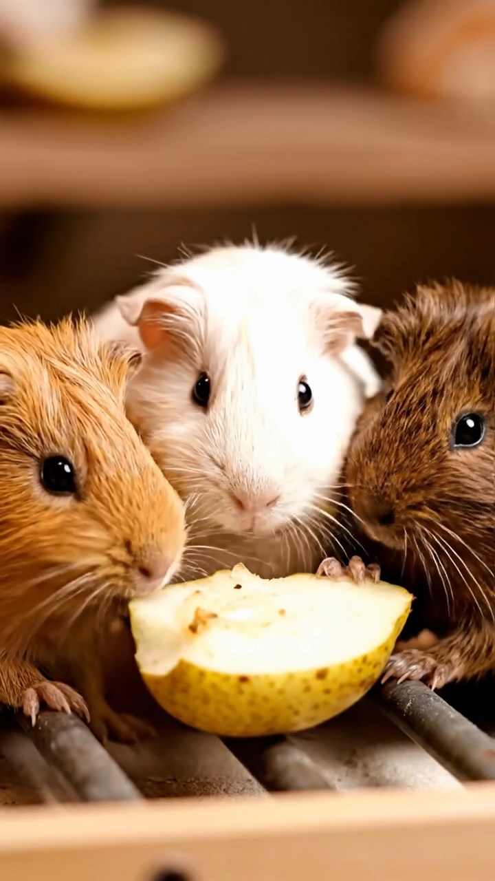 1692. Highly detailed view of 3 smooth-haired Abyssinian guinea pigs featuring cream, fawn, and chocolate coats, sharing pear halves, on a proofing bakery rack.