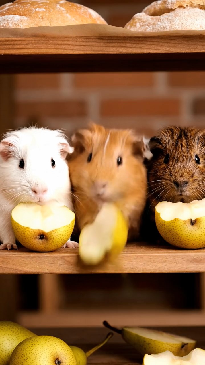 1692. Highly detailed view of 3 smooth-haired Abyssinian guinea pigs featuring cream, fawn, and chocolate coats, sharing pear halves, on a proofing bakery rack.