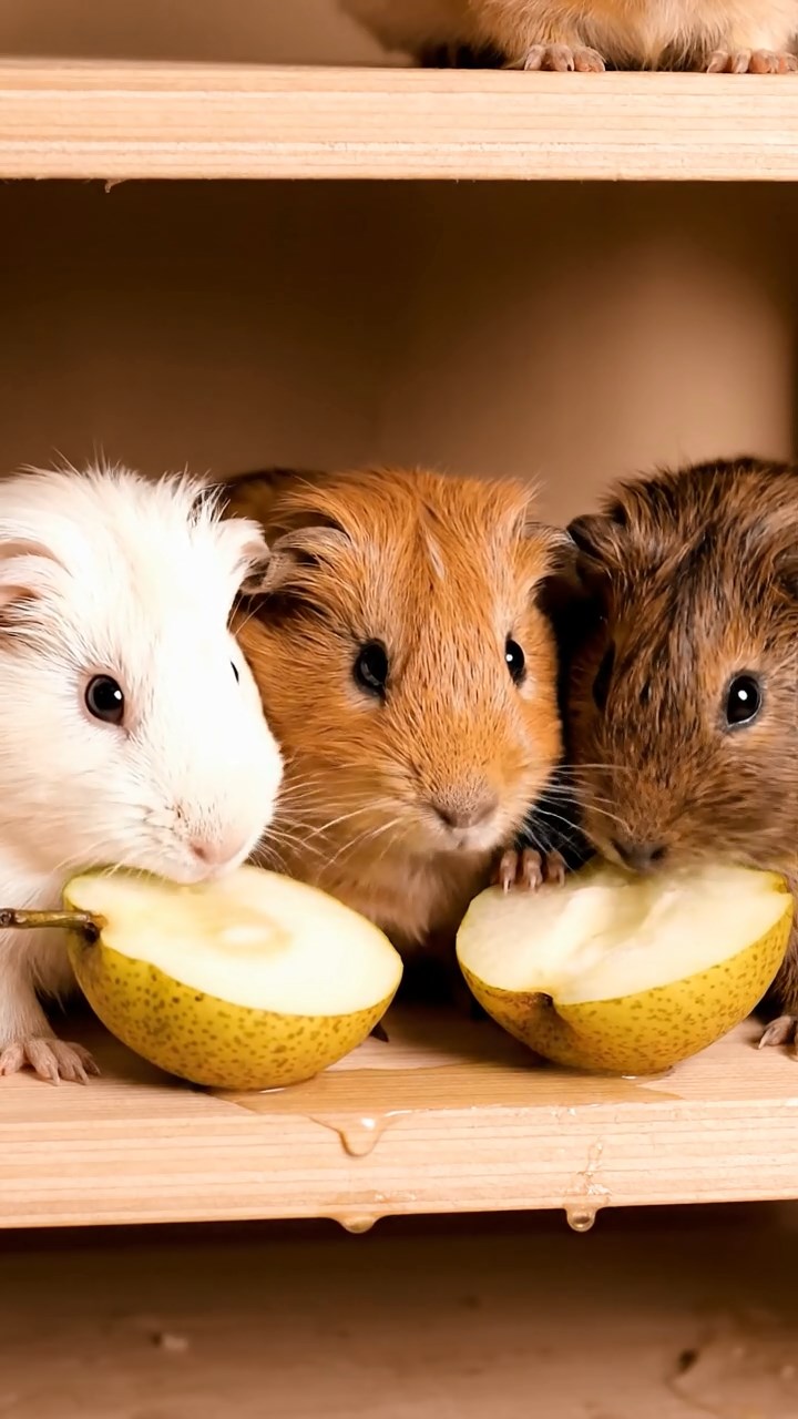 1692. Highly detailed view of 3 smooth-haired Abyssinian guinea pigs featuring cream, fawn, and chocolate coats, sharing pear halves, on a proofing bakery rack.