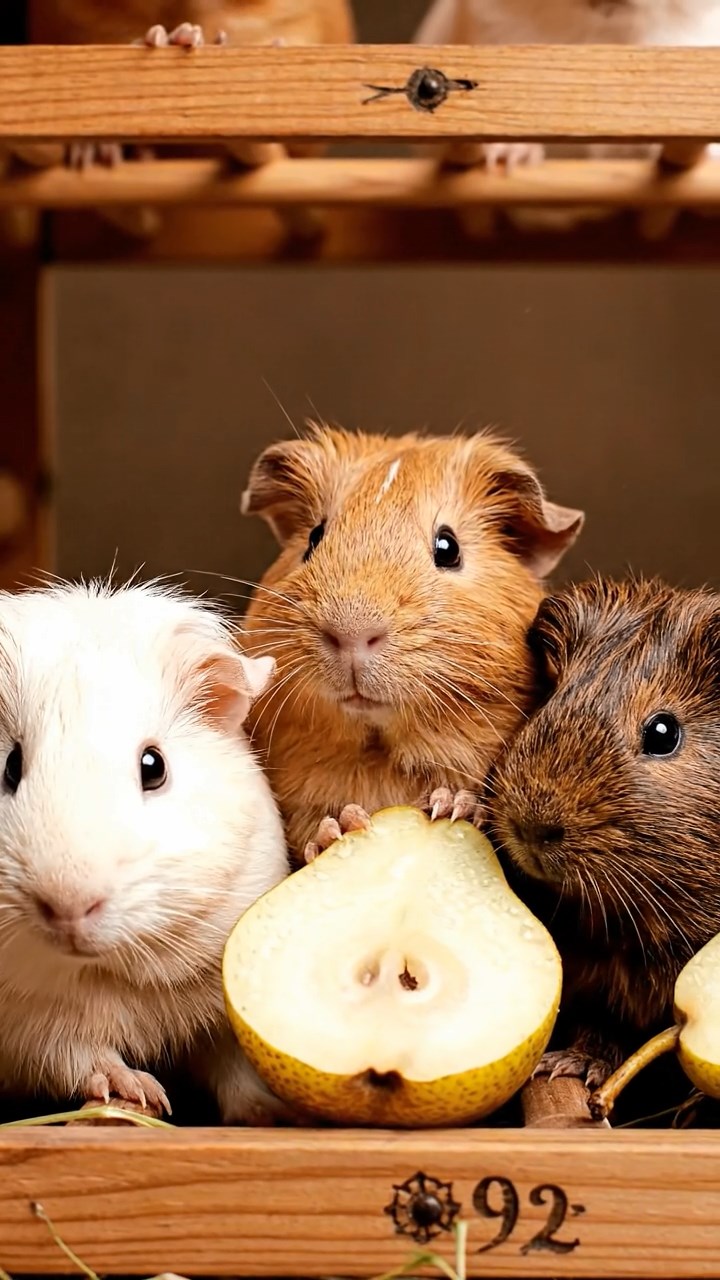 1692. Highly detailed view of 3 smooth-haired Abyssinian guinea pigs featuring cream, fawn, and chocolate coats, sharing pear halves, on a proofing bakery rack.