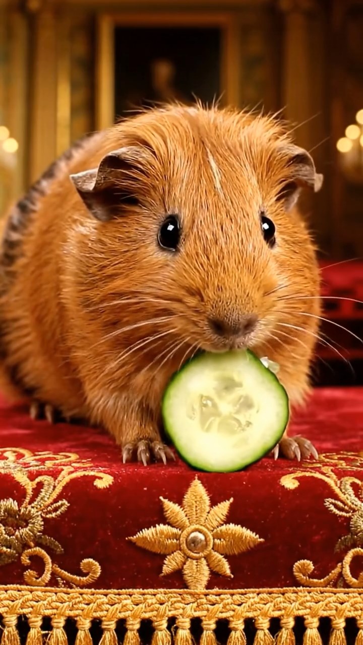 1693. Photorealistic scene of 1 smooth-haired Peruvian guinea pig with cinnamon fur, munching on cucumber rounds, on a audience chamber dais.