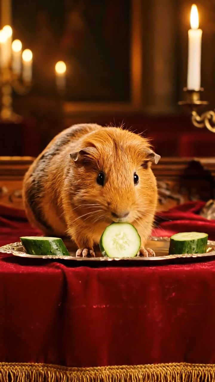1693. Photorealistic scene of 1 smooth-haired Peruvian guinea pig with cinnamon fur, munching on cucumber rounds, on a audience chamber dais.