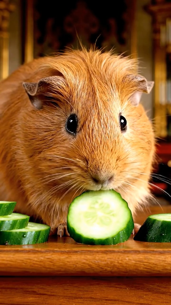 1693. Photorealistic scene of 1 smooth-haired Peruvian guinea pig with cinnamon fur, munching on cucumber rounds, on a audience chamber dais.