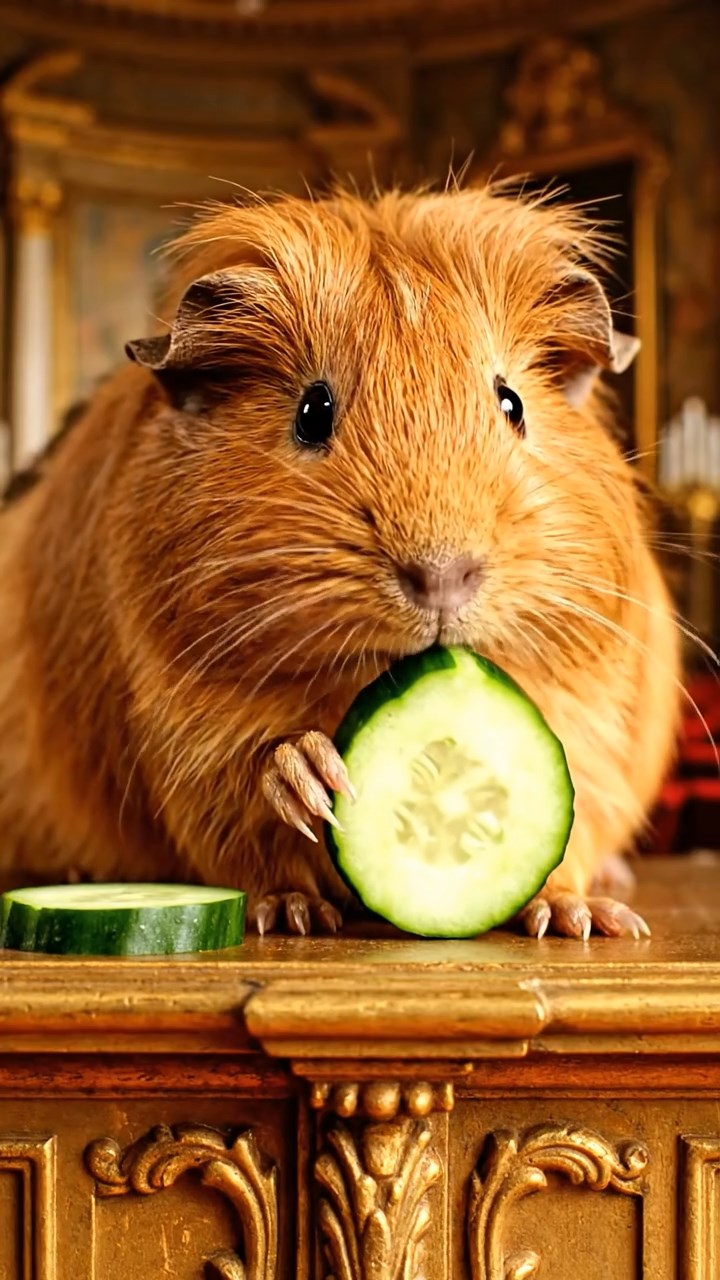 1693. Photorealistic scene of 1 smooth-haired Peruvian guinea pig with cinnamon fur, munching on cucumber rounds, on a audience chamber dais.