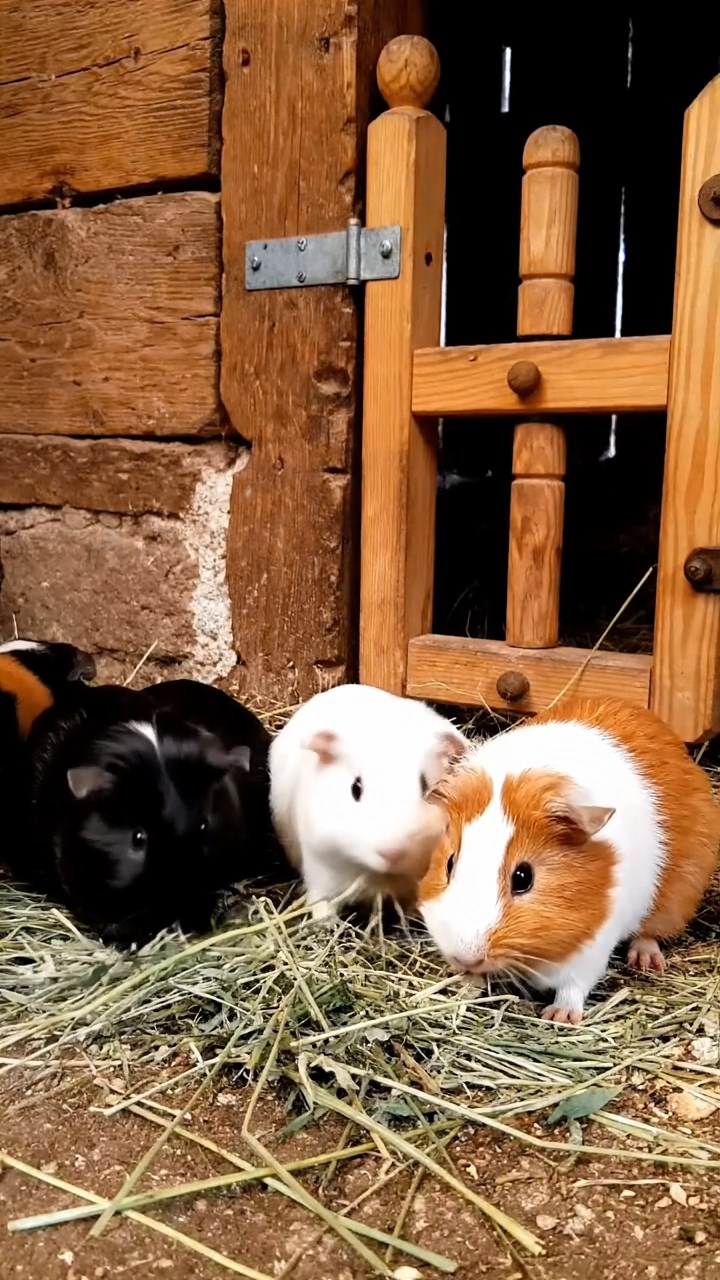 1694. Realistic depiction of 4 smooth-haired Silkie guinea pigs with sable, white, and orange fur, eating timothy hay, beside a turnstile gate.