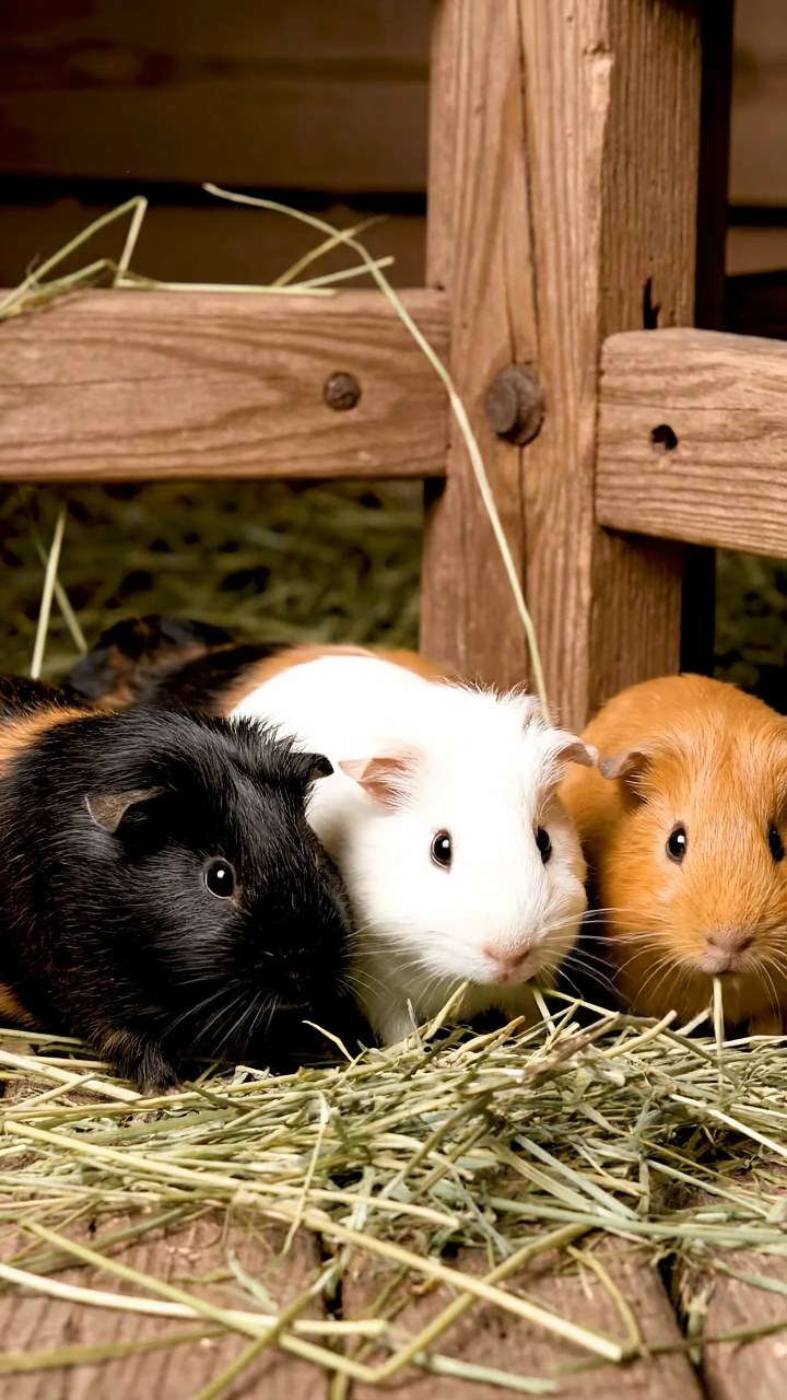 1694. Realistic depiction of 4 smooth-haired Silkie guinea pigs with sable, white, and orange fur, eating timothy hay, beside a turnstile gate.