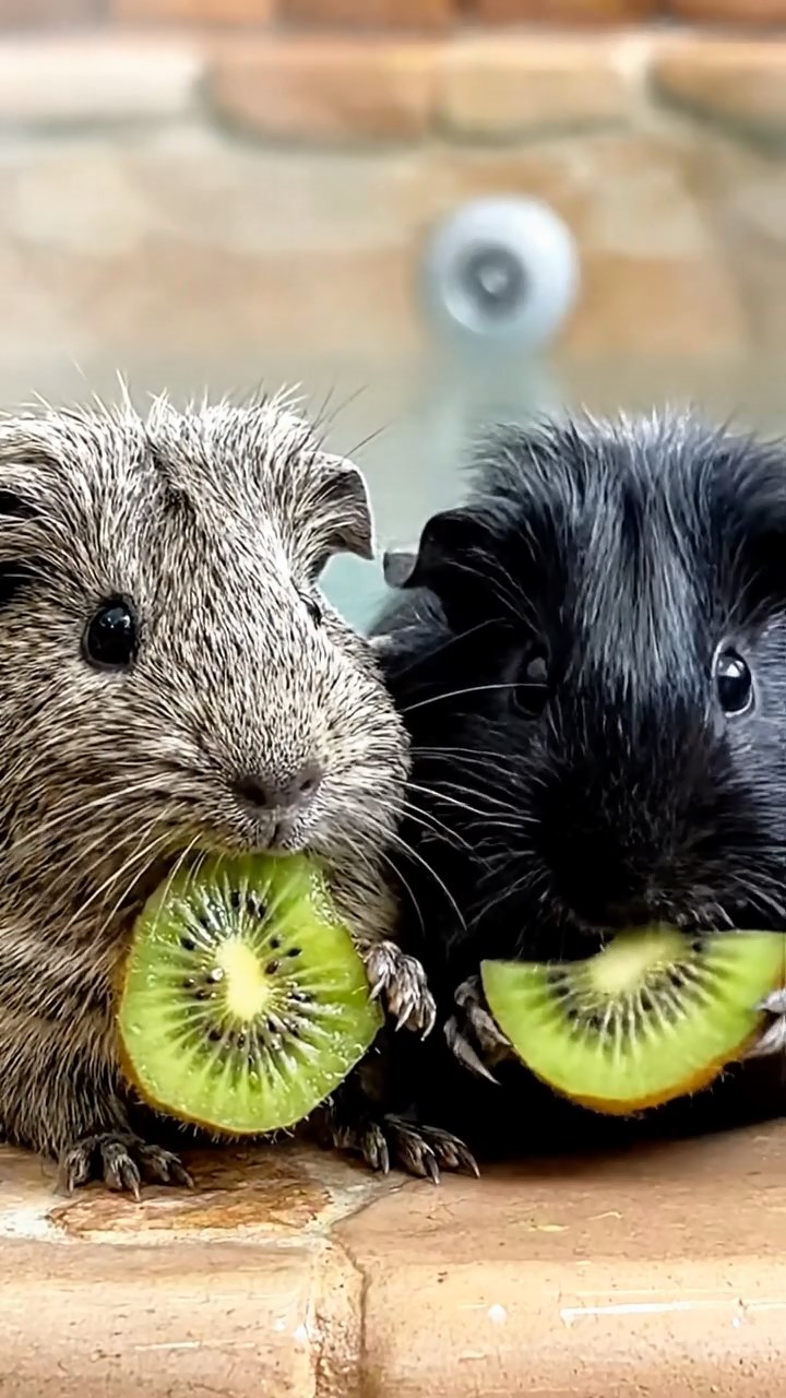 1695. Detailed photo of 2 smooth-haired Teddy guinea pigs in gray and black colors, nibbling on kiwi slices, by a steaming jacuzzi rim.
