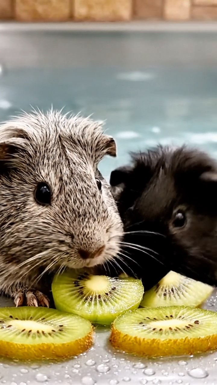 1695. Detailed photo of 2 smooth-haired Teddy guinea pigs in gray and black colors, nibbling on kiwi slices, by a steaming jacuzzi rim.