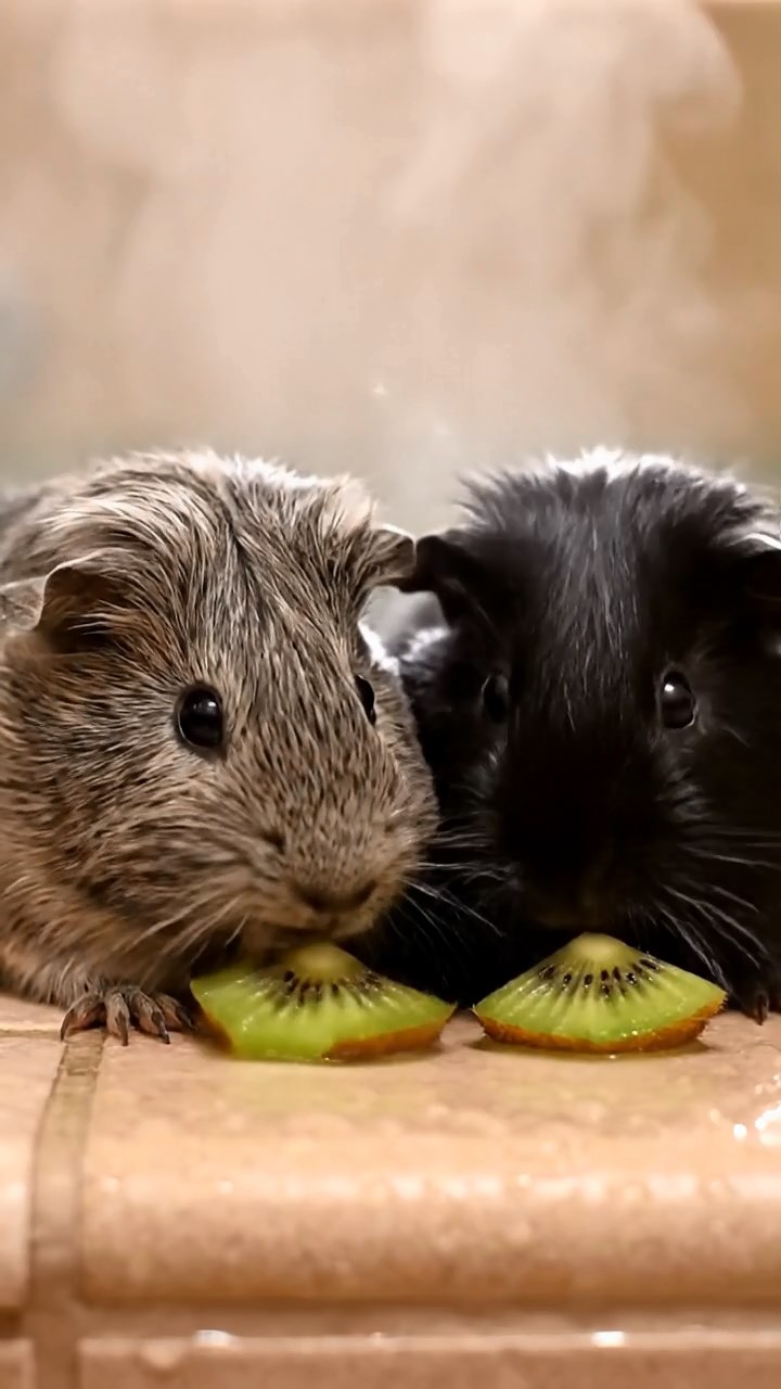 1695. Detailed photo of 2 smooth-haired Teddy guinea pigs in gray and black colors, nibbling on kiwi slices, by a steaming jacuzzi rim.