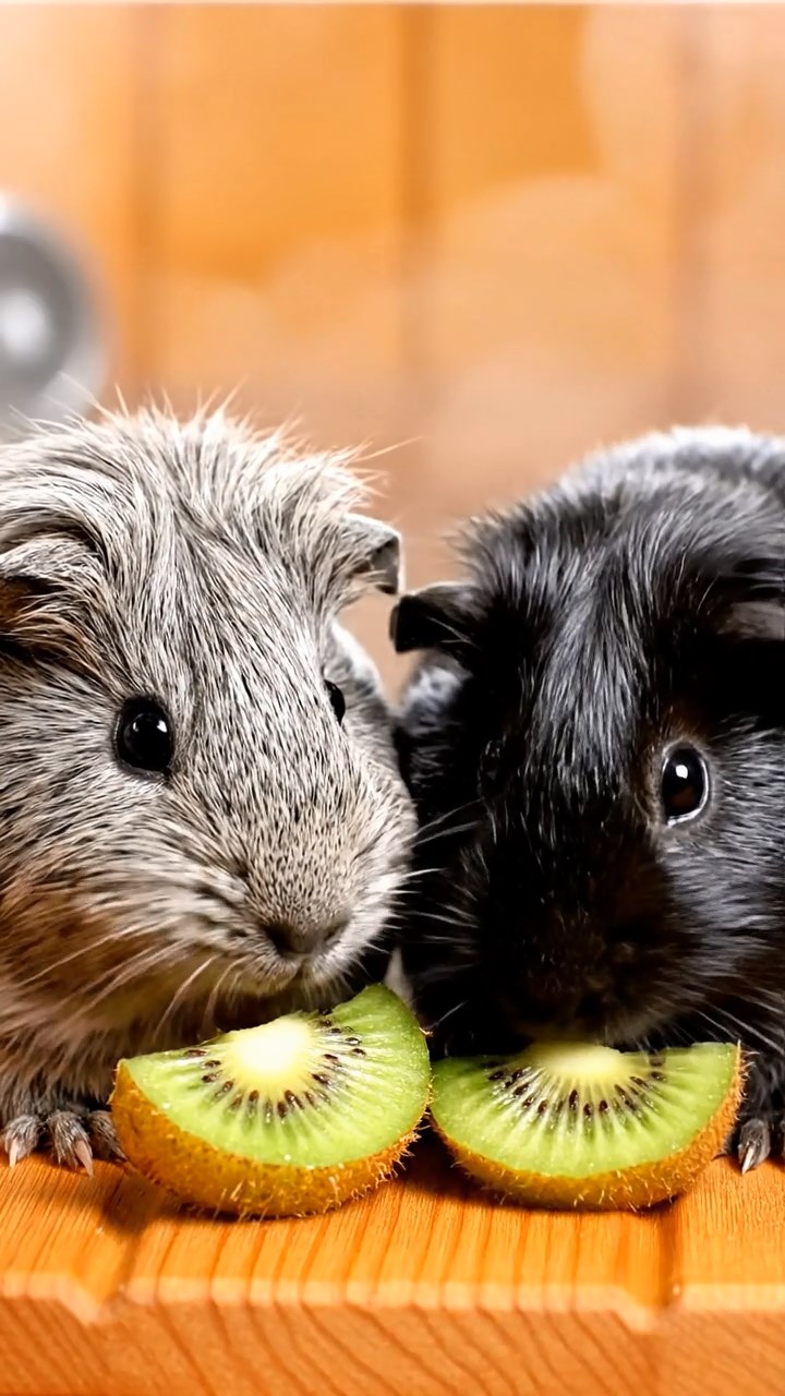 1695. Detailed photo of 2 smooth-haired Teddy guinea pigs in gray and black colors, nibbling on kiwi slices, by a steaming jacuzzi rim.