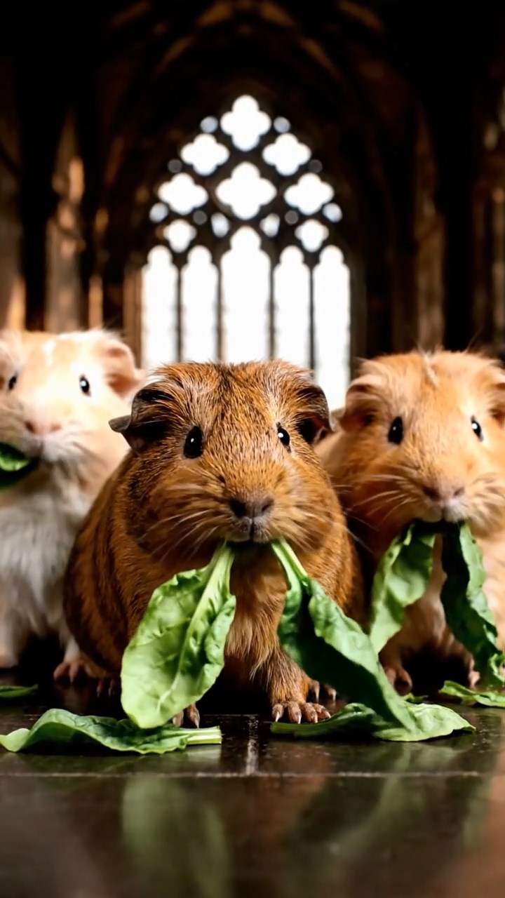 1696. Photorealistic image of 3 smooth-haired Texel guinea pigs with brown, cream, and fawn fur, chewing on spinach bunches, in a gothic corridor hallway.