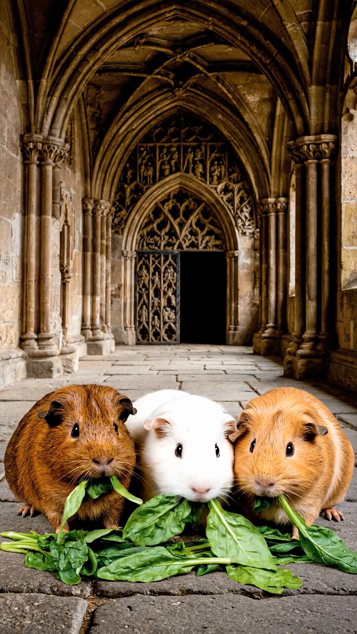 1696. Photorealistic image of 3 smooth-haired Texel guinea pigs with brown, cream, and fawn fur, chewing on spinach bunches, in a gothic corridor hallway.