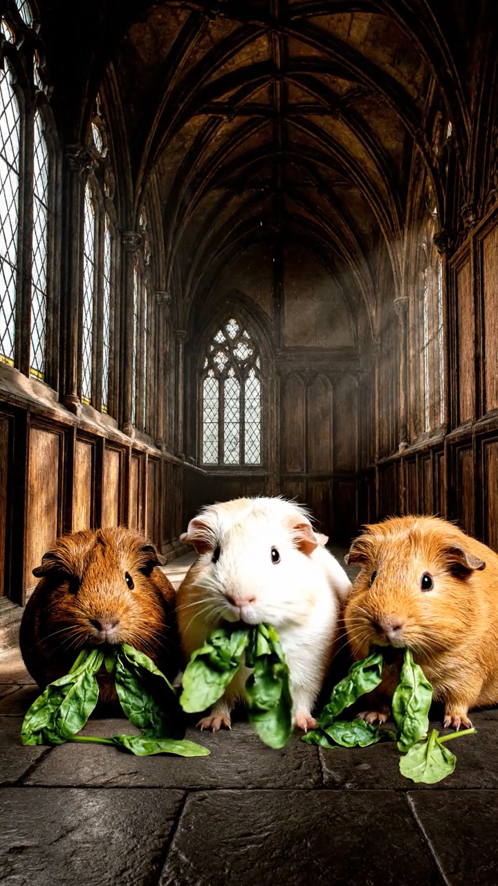 1696. Photorealistic image of 3 smooth-haired Texel guinea pigs with brown, cream, and fawn fur, chewing on spinach bunches, in a gothic corridor hallway.