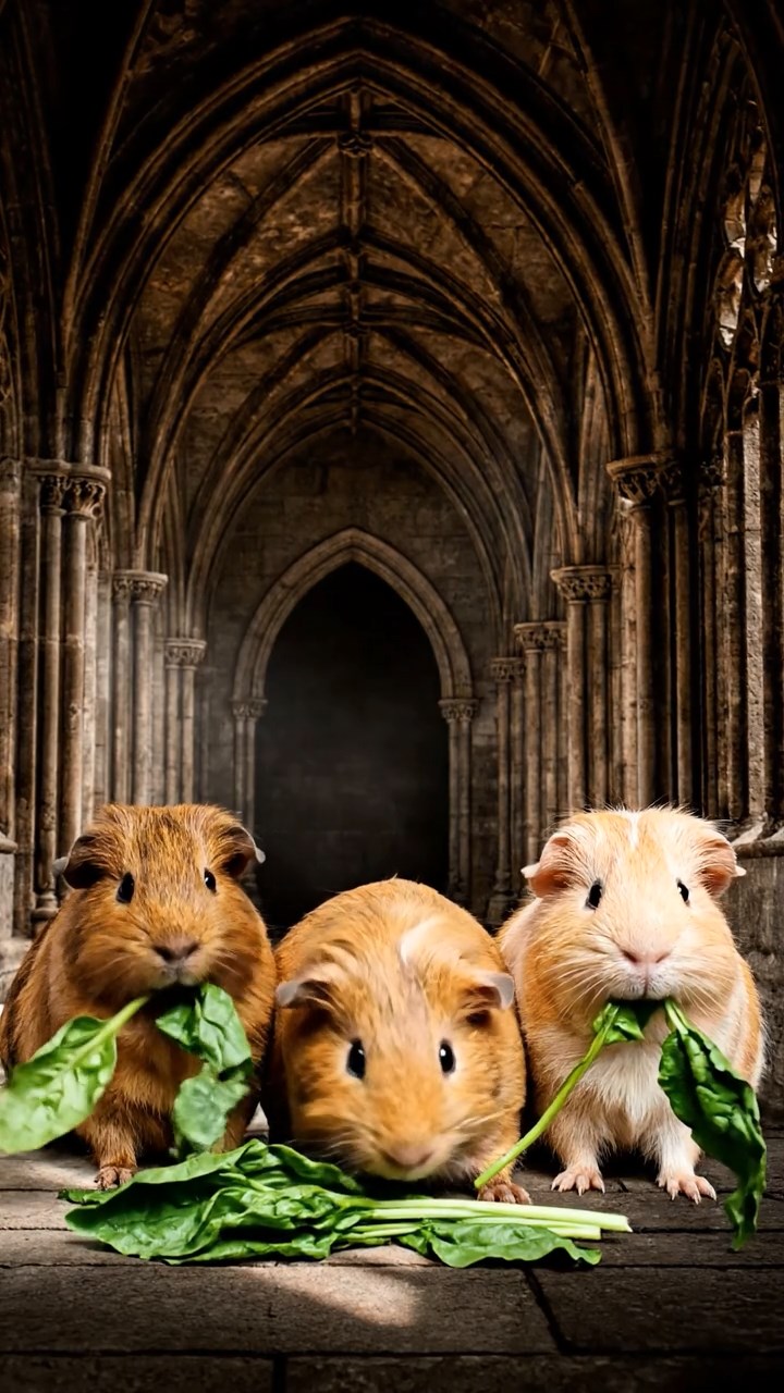 1696. Photorealistic image of 3 smooth-haired Texel guinea pigs with brown, cream, and fawn fur, chewing on spinach bunches, in a gothic corridor hallway.