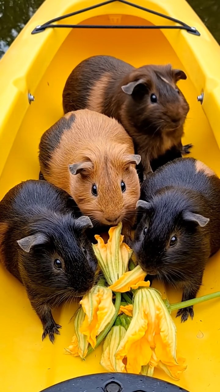1697. Realistic scene of 5 smooth-haired Rex guinea pigs featuring chocolate, cinnamon, and sable coats, sharing zucchini flowers, inside a cockpit kayak hull.