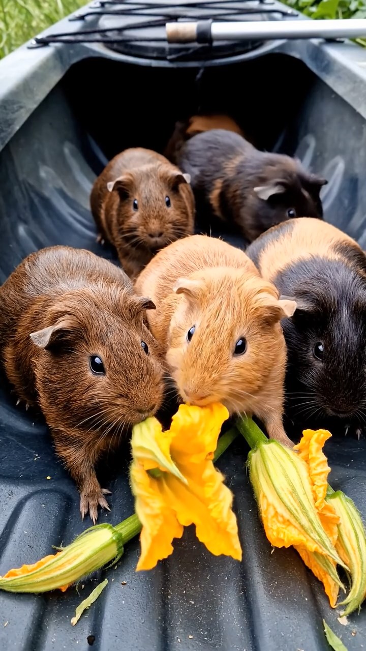 1697. Realistic scene of 5 smooth-haired Rex guinea pigs featuring chocolate, cinnamon, and sable coats, sharing zucchini flowers, inside a cockpit kayak hull.