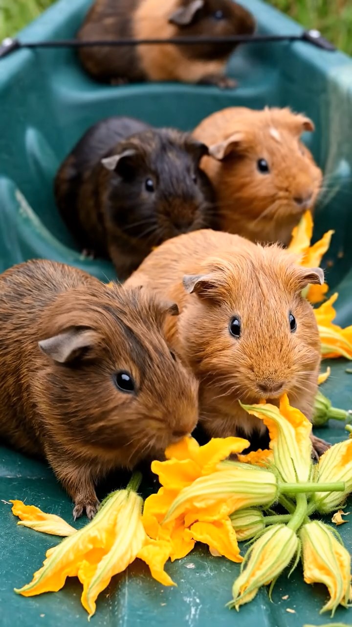 1697. Realistic scene of 5 smooth-haired Rex guinea pigs featuring chocolate, cinnamon, and sable coats, sharing zucchini flowers, inside a cockpit kayak hull.