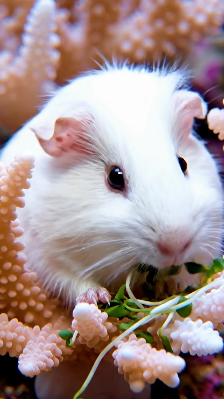 1698. Highly detailed view of 1 smooth-haired Coronet guinea pig with white fur, munching on alfalfa sprouts, amid a bay coral formation.