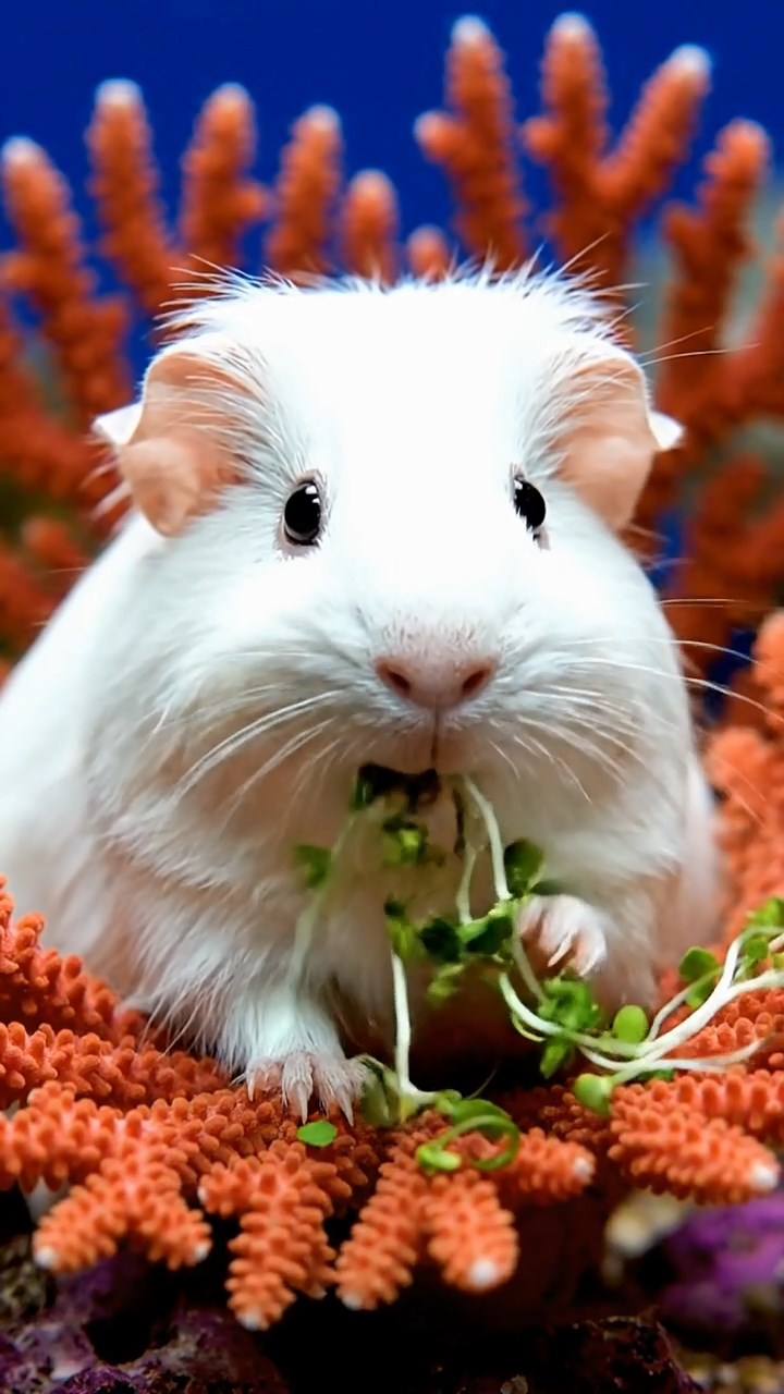 1698. Highly detailed view of 1 smooth-haired Coronet guinea pig with white fur, munching on alfalfa sprouts, amid a bay coral formation.