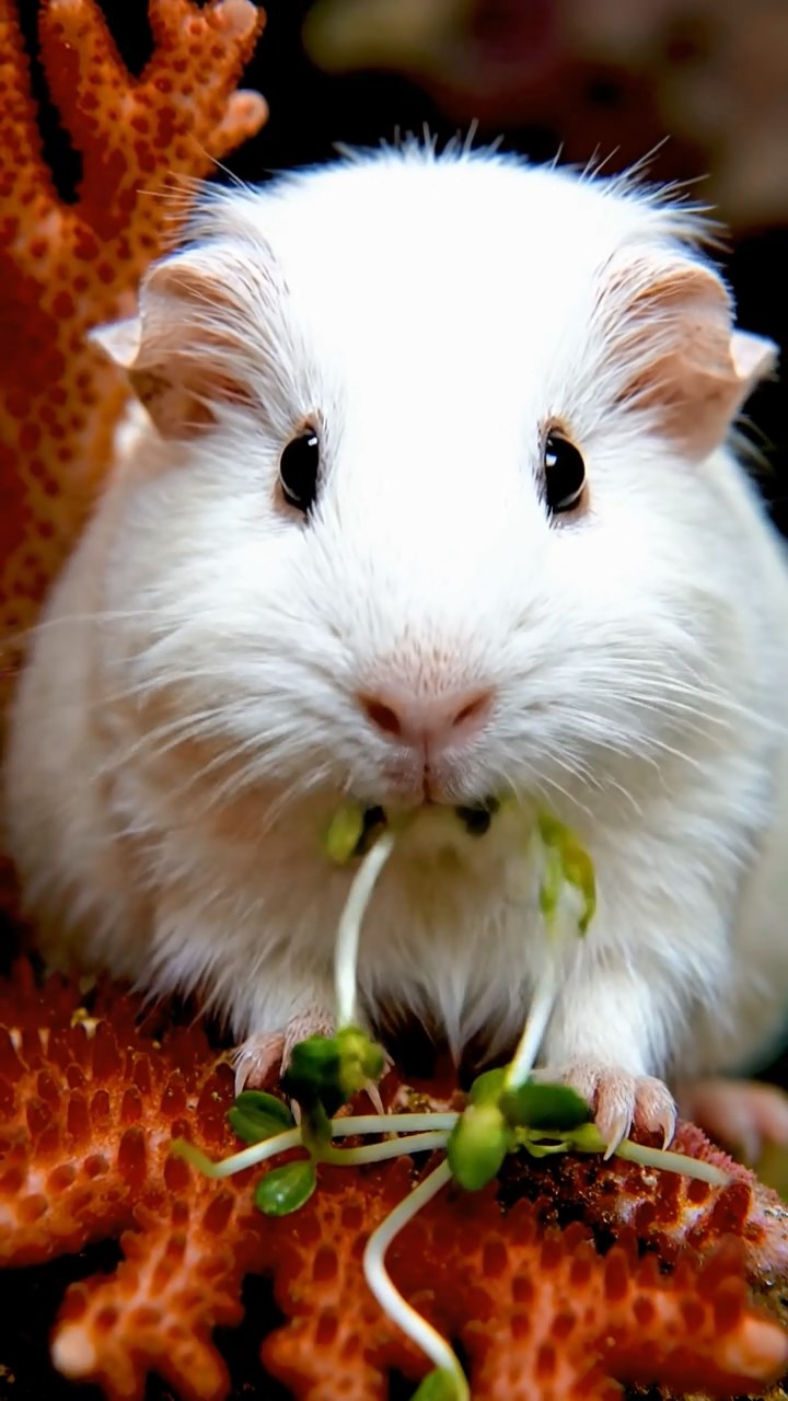 1698. Highly detailed view of 1 smooth-haired Coronet guinea pig with white fur, munching on alfalfa sprouts, amid a bay coral formation.