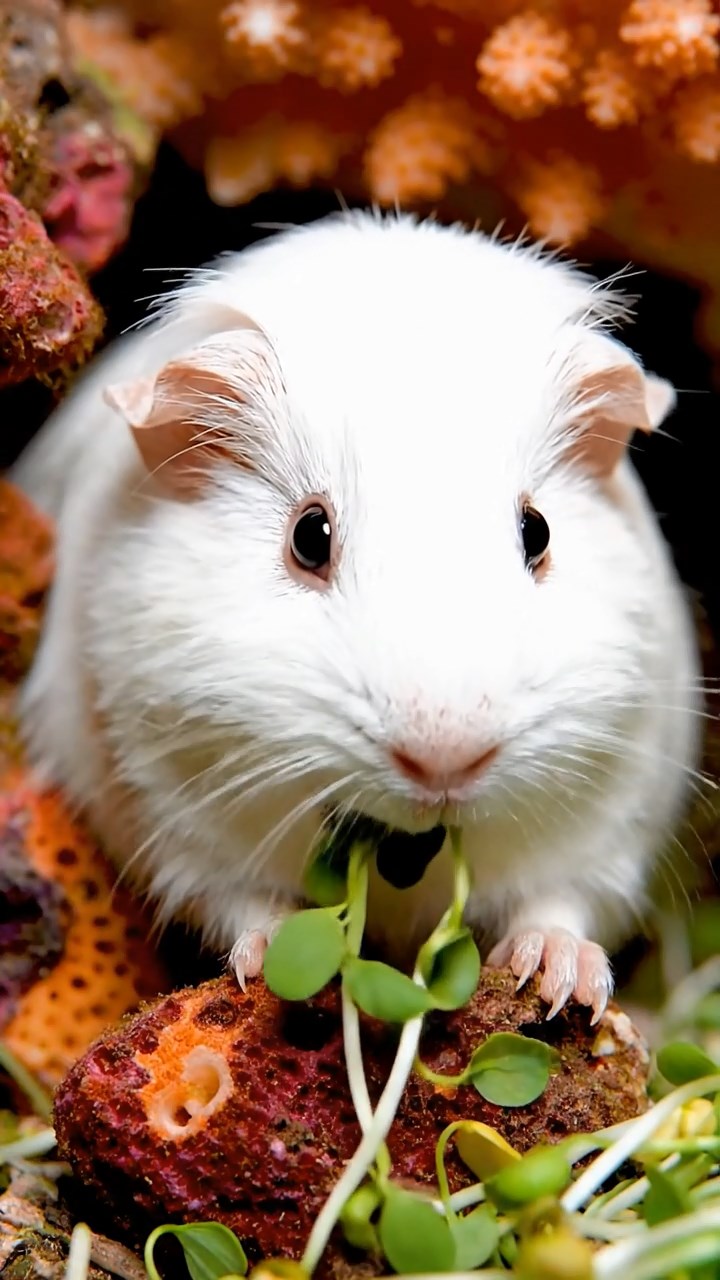 1698. Highly detailed view of 1 smooth-haired Coronet guinea pig with white fur, munching on alfalfa sprouts, amid a bay coral formation.