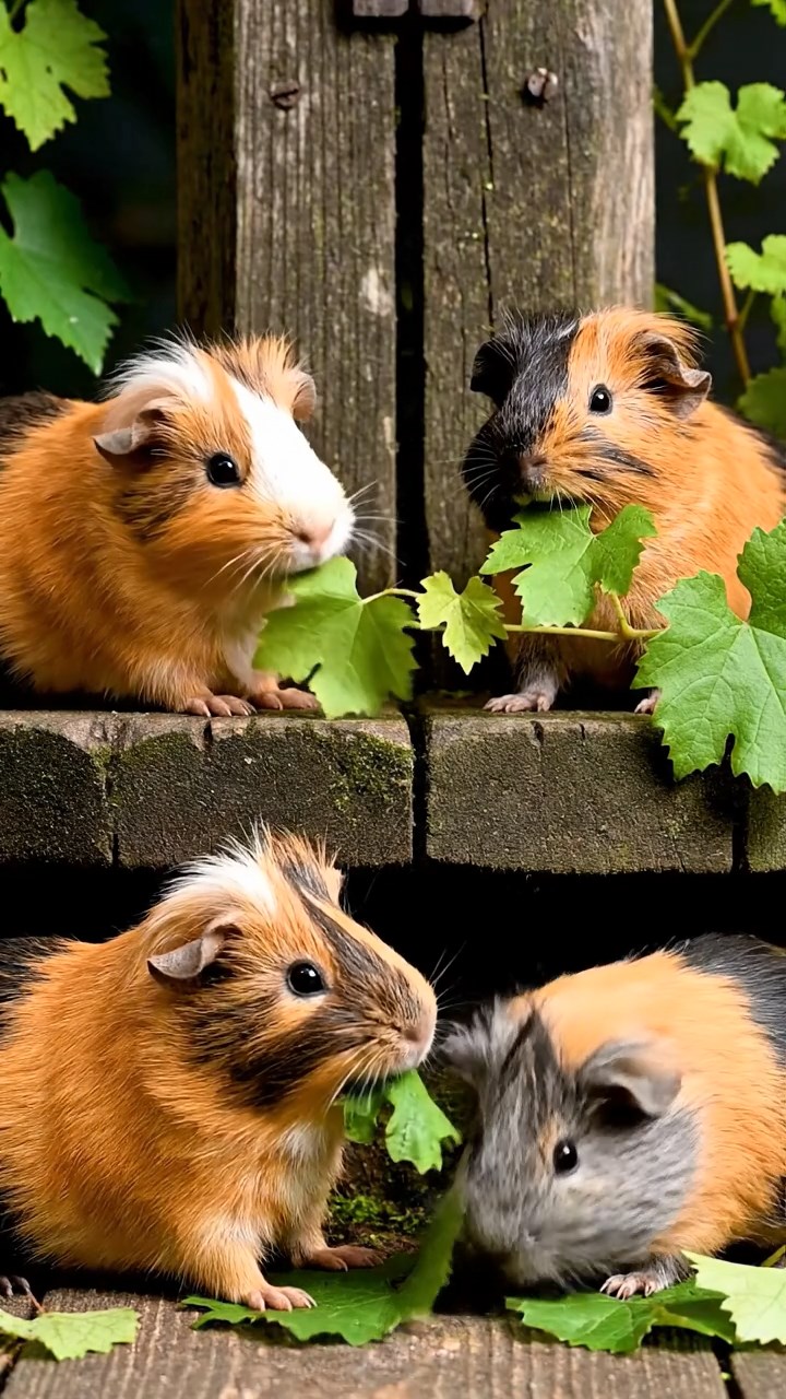 1699. Photorealistic photo of 4 smooth-haired White Crested guinea pigs with orange, gray, and black fur, eating grape vines, at a Dutch turbine footing.