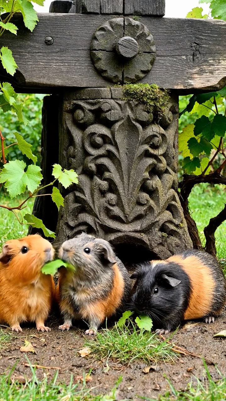 1699. Photorealistic photo of 4 smooth-haired White Crested guinea pigs with orange, gray, and black fur, eating grape vines, at a Dutch turbine footing.