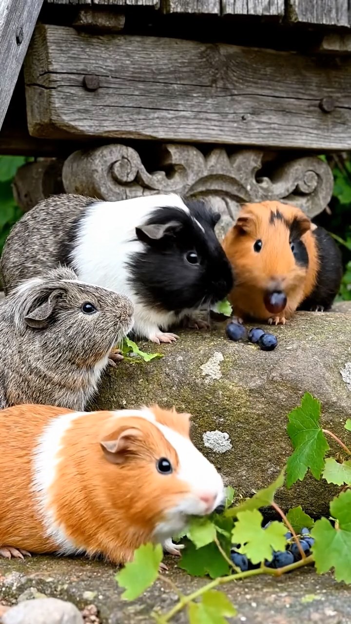 1699. Photorealistic photo of 4 smooth-haired White Crested guinea pigs with orange, gray, and black fur, eating grape vines, at a Dutch turbine footing.