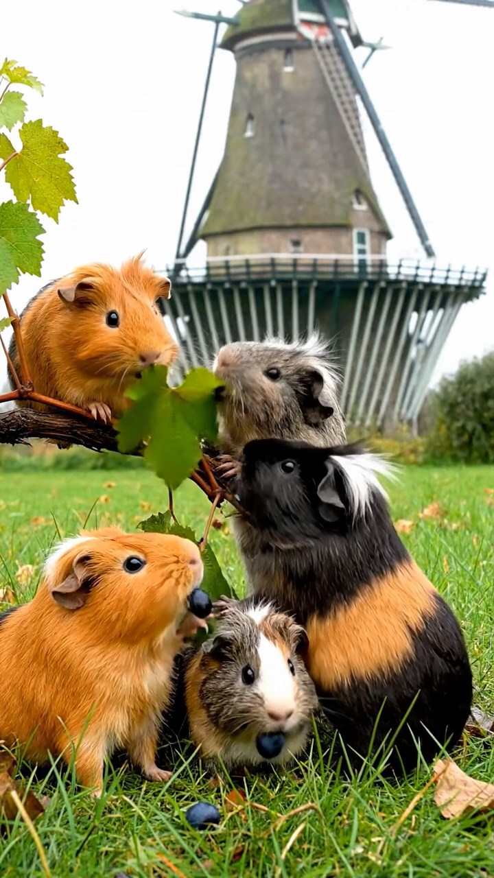1699. Photorealistic photo of 4 smooth-haired White Crested guinea pigs with orange, gray, and black fur, eating grape vines, at a Dutch turbine footing.