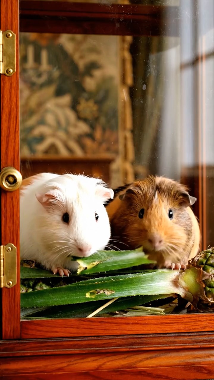 1700. Realistic depiction of 2 smooth-haired Skinny guinea pigs in brown and cream colors, nibbling on pineapple leaves, within a vitrine display cabinet.
