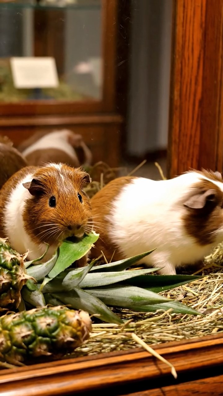 1700. Realistic depiction of 2 smooth-haired Skinny guinea pigs in brown and cream colors, nibbling on pineapple leaves, within a vitrine display cabinet.