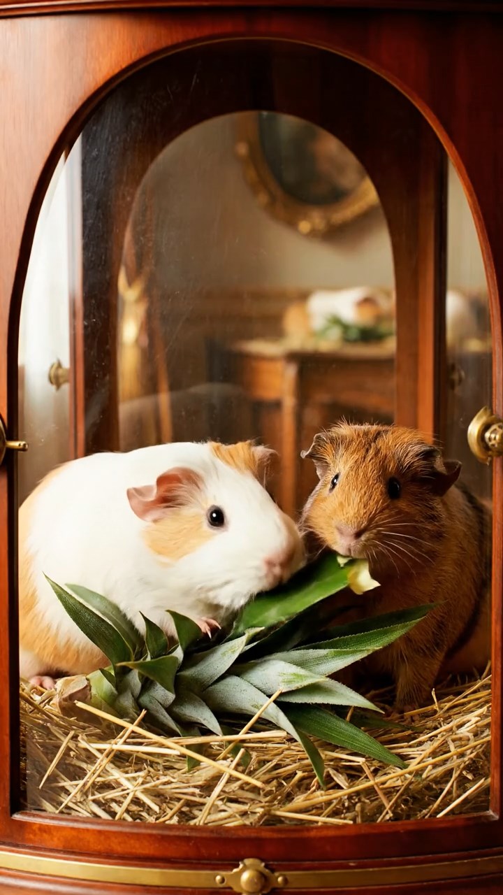 1700. Realistic depiction of 2 smooth-haired Skinny guinea pigs in brown and cream colors, nibbling on pineapple leaves, within a vitrine display cabinet.