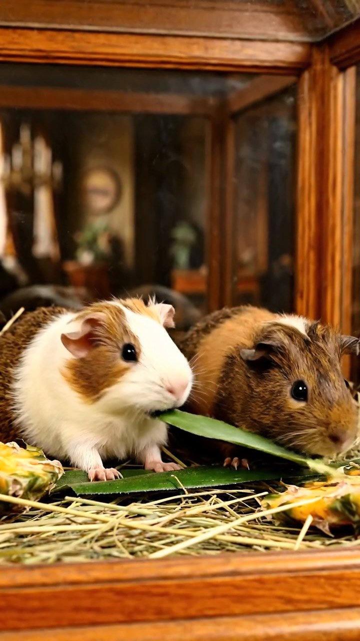 1700. Realistic depiction of 2 smooth-haired Skinny guinea pigs in brown and cream colors, nibbling on pineapple leaves, within a vitrine display cabinet.