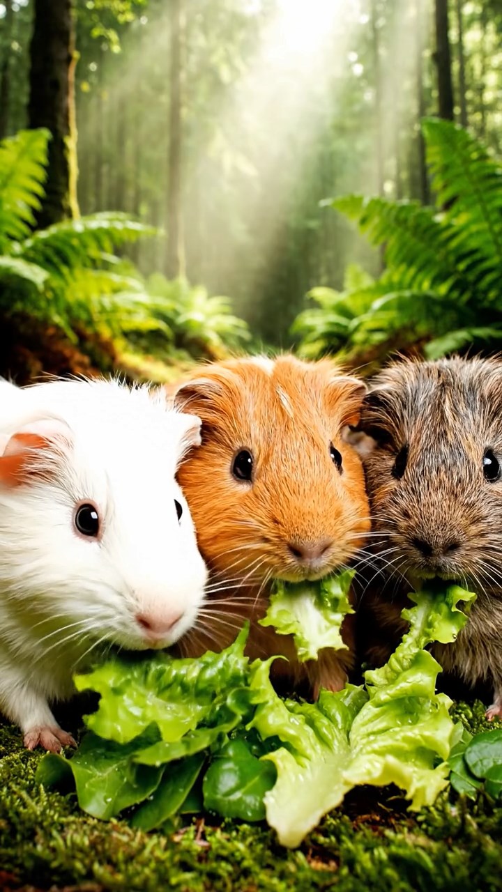 1701. A realistic close-up photo of 3 smooth-haired American guinea pigs with white, orange, and gray fur, eagerly munching on fresh lettuce leaves, in a misty ancient woodland glade with towering ferns and sunlight shafts piercing the canopy.